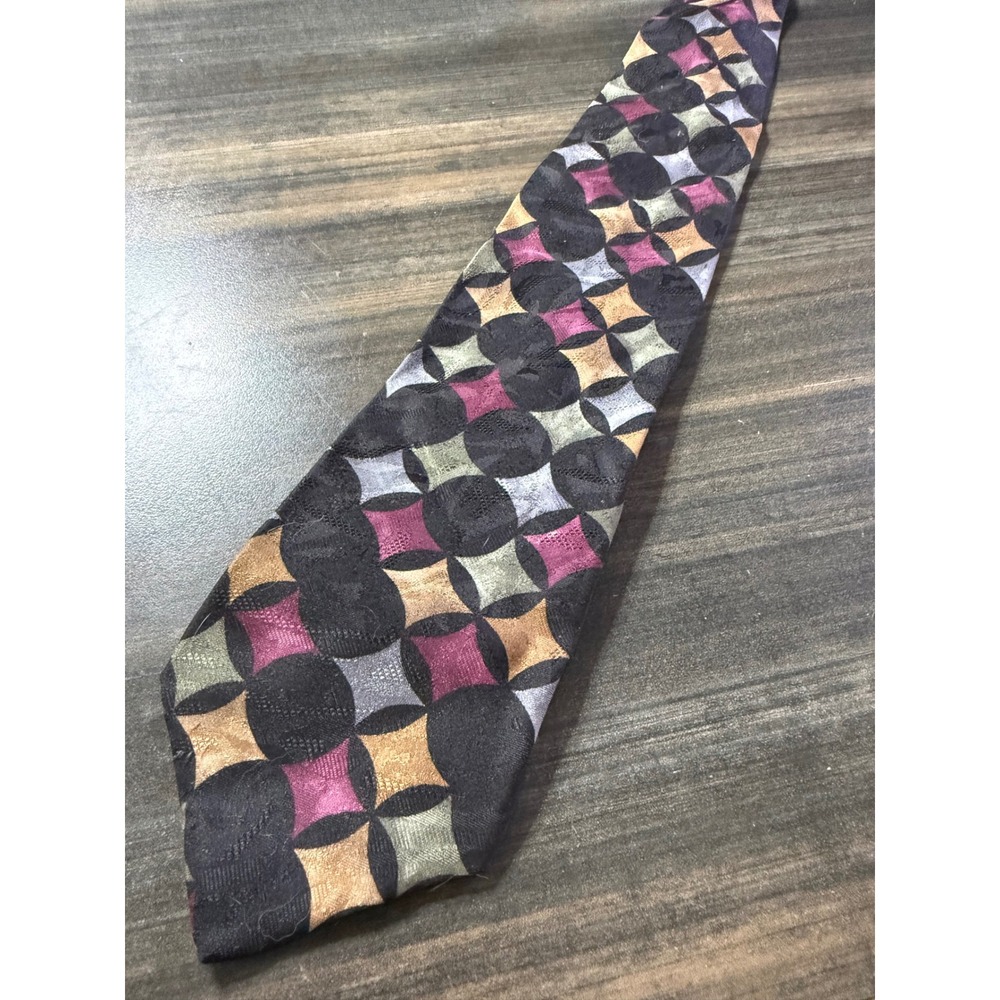Tom James Mens Silk Necktie Geometric Circles Diamonds Black Burgundy Gold